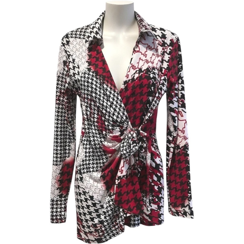 Max & Rina Houndstooth Blouse Red Abstract Tie Front Long Sleeve Women S